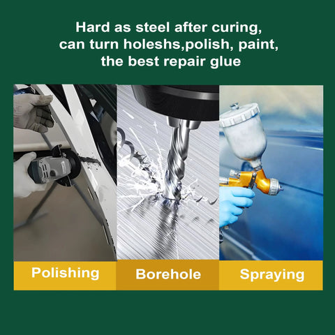 Metal epoxy adhesive for repairs; waterproof and heat-resistant; for metals, plastics, ceramics, PVC, fiberglass.