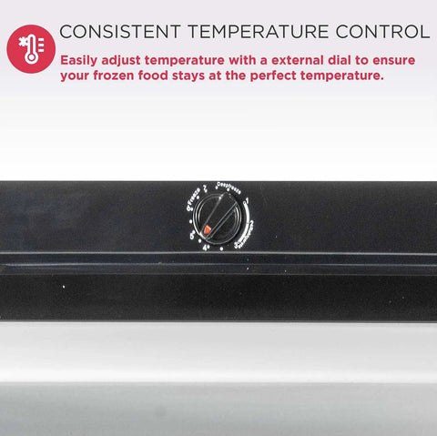 Close-up of temperature control dial on 10 Cu Ft Upright Convertible Refrigerator And Freezer Box Featuring A No Sweat Mode Swap.