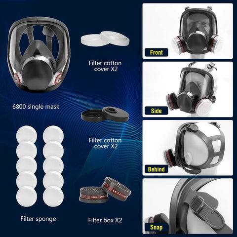 Full Face Respirator Mask Reusable Large Gas Mask For Dust And Organic Vapors Formaldehyde And Chemicals Pro Grade Breathing Protection For Airbrush Car Spraying Sanding And Paint Jobs Gray, components and detailed views