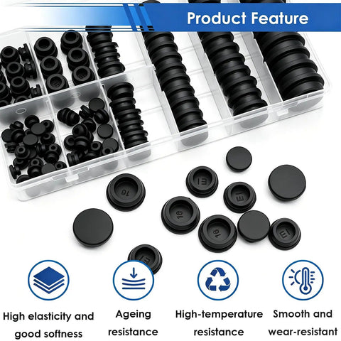 260 Pcs Rubber Hole Plugs Set for Round Holes, 8 Sizes, Handy DIY Furniture Office Kitchen Repair Plugs in plastic case