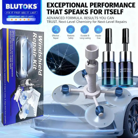 Fast Acting Windshield Repair Kit With Nano Glass Repair Fluid For Chips And Cracks, blue tool and resin bottles displayed.