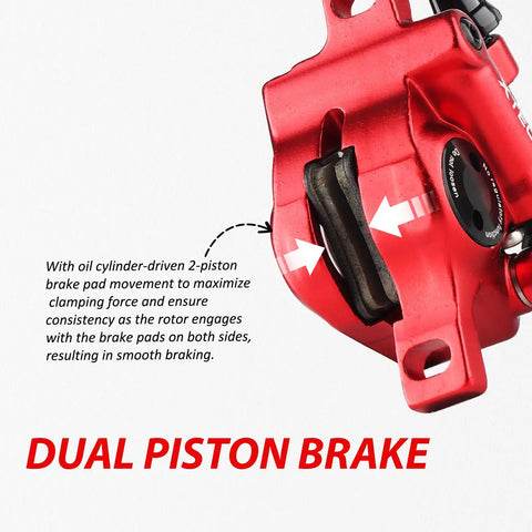 Close-up of red HB 100 Hydraulic Disc Brake Calipers Front And Rear Set for mountain, road, E-bike showing dual piston brake