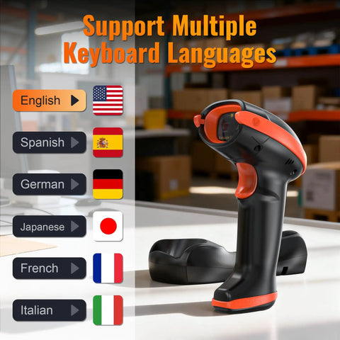 Wireless 1D 2D QR Barcode Scanner With Charging Cradle And Counting Screen Ultra Fast Scanning Speed High Resolution Handheld Barcode Reader For Warehouse Inventory And Stock Management on a table showing multiple language support in a warehouse.