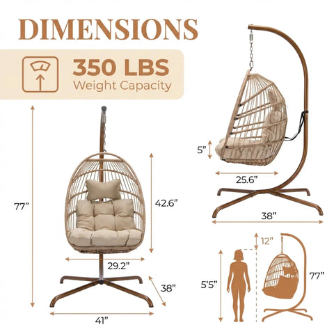 Dimensions of Outdoor Egg Chair With Stand For Patio Backyard Hanging Swing Chair With Foldable Rattan UV Resistant Padded Cushion