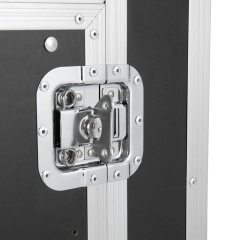 Close-up of Heavy Duty 12U Server Rack Cabinet latch, chrome finish on durable black material for secure storage.