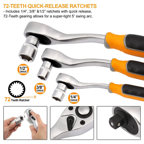 Heavy Duty 126 Piece Socket Wrench Set with quick release ratchets showing 1/4, 3/8, 1/2 inch drives and 72 tooth mechanism