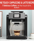 Hassle Free Fully Automatic Espresso Maker With Integrated Grinder And Fast Foam Milk Frother sleek design brewing cappuccino.