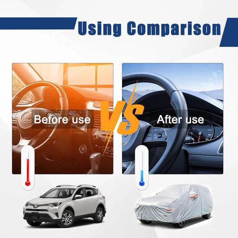 Before and after comparison of Toyota RAV4 interior with Six Layer SUV Car Cover With Custom Fit For Toyota RAV4 2006 Through 2025