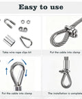 Steps showing installation of 60 Piece M6 Stainless Steel Rope Cable Clamp Kit With Thimble And Aluminum Crimp Loop Sleeves For One Quarter Inch Wire Rigging.