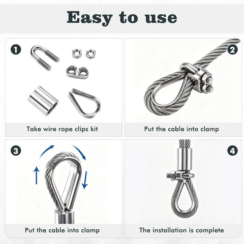 Steps showing installation of 60 Piece M6 Stainless Steel Rope Cable Clamp Kit With Thimble And Aluminum Crimp Loop Sleeves For One Quarter Inch Wire Rigging.
