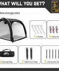 Outdoor Bike Storage Shed Tent With 210D Oxford Fabric PU4000 Waterproof Coating, wind ropes, stakes, and storage bag shown.