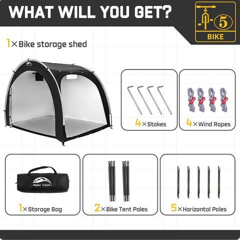 Outdoor Bike Storage Shed Tent With 210D Oxford Fabric PU4000 Waterproof Coating, wind ropes, stakes, and storage bag shown.