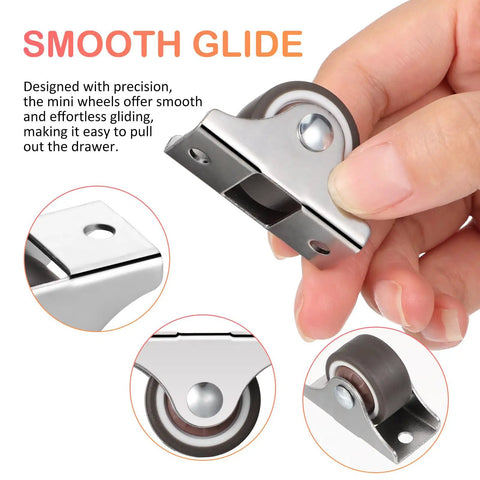 Heavy Duty Mini Caster Wheels 4 Pack For Cabinet Doors And Wardrobe Slide Rails Smoother Than Grease TPR Rollers with sealed bearings and silver mounting.