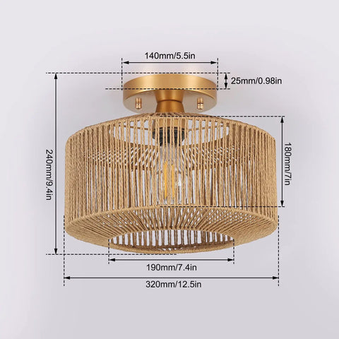 Rattan Ceiling Light Fixture With Woven Wicker Shade, Boho Coastal Chic Chandelier With Measurements Shown