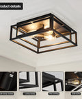 Black 3 Light Flush Mount Ceiling Fixture with Industrial Metal Style, close-to-ceiling view, E26 compatible, farmhouse lighting.