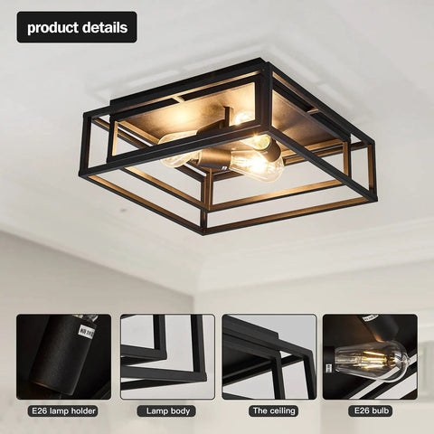 Black 3 Light Flush Mount Ceiling Fixture with Industrial Metal Style, close-to-ceiling view, E26 compatible, farmhouse lighting.