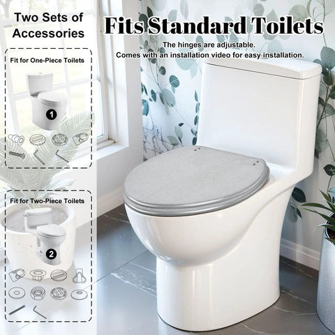 Elongated Retro backgrounds Toilet Seat on a standard toilet, featuring gray cushion and adjustable hinges for easy installation.