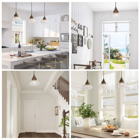 Farmhouse Pendant Light With Mango Wood And Clear Glass Teardrop Shade in kitchen, dining room, and entryway settings
