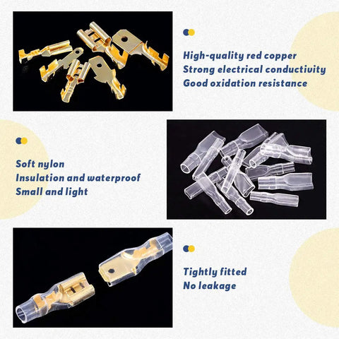 720-Piece Wire Spade Connector Kit With 2.8mm 4.8mm 6.3mm Male And Female Crimp Terminals And Insulating Sleeves Nylon Sleeve Set For Car Audio Speaker Wire Harness Copper Contacts in various sizes and materials