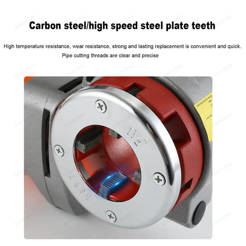Close-up of Heavy Duty Electric Pipe Threader Featuring All Copper Motor And Six Quick Change Heads showing carbon steel teeth for precise threading.