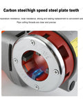 Heavy Duty Hand Held Electric Pipe Threader showing carbon steel teeth and precision cutting mechanism for plumbing tasks.