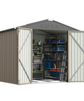 8x6 Ft Outdoor Storage Shed With Floor Frame, Sloped Roof Metal Tool Shed With Lockable Door, open showing organized tools.