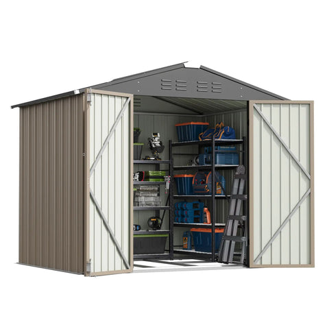 8x6 Ft Outdoor Storage Shed With Floor Frame, Sloped Roof Metal Tool Shed With Lockable Door, open showing organized tools.