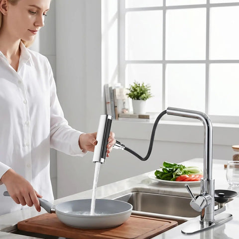 KAIYING Waterfall Kitchen Faucet with Pull Down Sprayer & Glass Rinser in modern kitchen setting, using sprayer on gray pan.