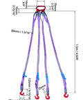 Built Tough Heavy Duty 5 Foot Four Leg Rigging Sling With Grab Hook And Adjuster, 3 Ton G80 Alloy Steel Chain Link Eye Hook Hoist Gear For Safe Towing And Cargo Handling On Job Sites. 4-leg lifting sling, 1.5m, purple webbing, red hooks
