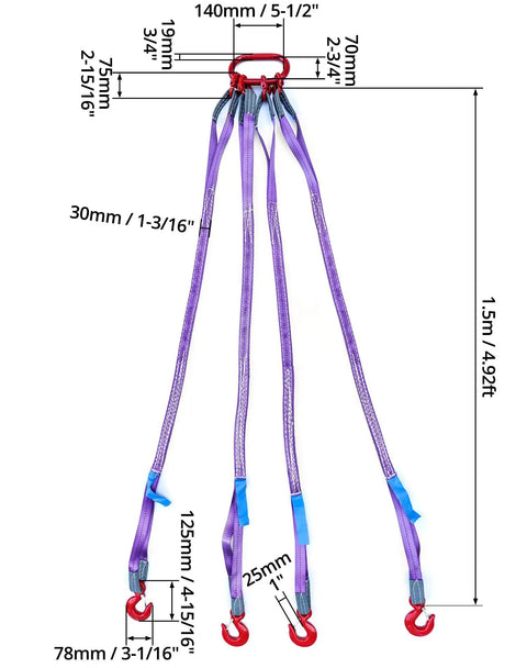 Built Tough Heavy Duty 5 Foot Four Leg Rigging Sling With Grab Hook And Adjuster, 3 Ton G80 Alloy Steel Chain Link Eye Hook Hoist Gear For Safe Towing And Cargo Handling On Job Sites. 4-leg lifting sling, 1.5m, purple webbing, red hooks