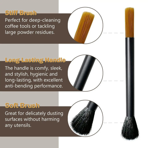 Dual Head Coffee Grinder And Espresso Machine Cleaning Brush with stiff bristles on top and soft bristles on bottom, black handle