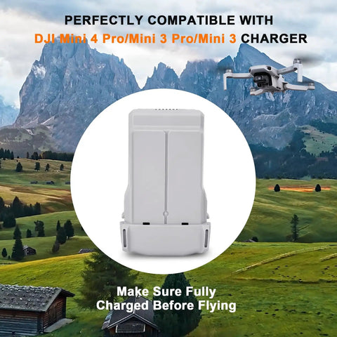 Intelligent Flight Battery Plus for DJI Mini 4 Pro Mini 3 Pro and Mini3 Drone, 3850mAh 7.38V, landscape background with drone in flight.