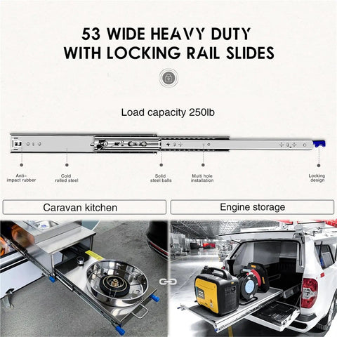 Heavy Duty Full Extension Drawer Slides Featuring A Secure Lock And Rock Solid Ball Bearings Built Tough For Kitchens Cabinets And Home Offices Handles 264 Pounds Total Load 38 Inch Length Per Pair in a caravan kitchen and engine storage.