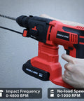 Person using Beast 18V SDS Plus Rotary Hammer Drill With Brushless Motor, 2.5J Impact Energy, on wall, Black Red.