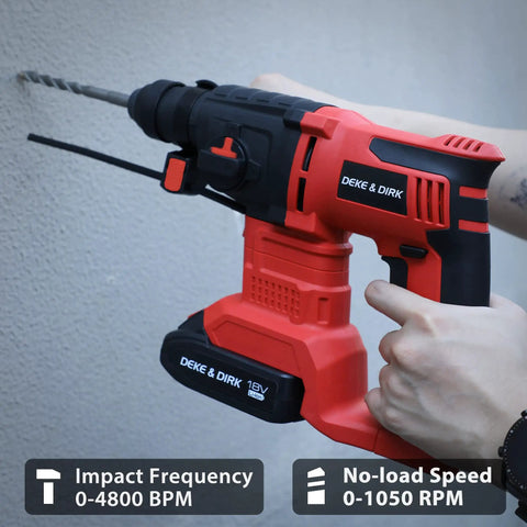 Person using Beast 18V SDS Plus Rotary Hammer Drill With Brushless Motor, 2.5J Impact Energy, on wall, Black Red.
