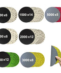 Premium 6 Inch Wet Dry Hook And Loop Sanding Discs With 65 Pieces covering 600 to 5000 grit displayed in various quantities.