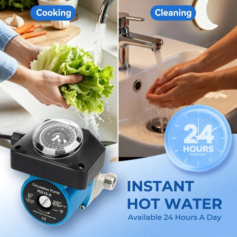 Hot Water Recirculating Pump Kit For Tank Water Heater With Programmable Timer providing instant hot water for cooking and cleaning.