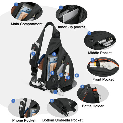 Women Sling Bag With 8 Pockets 19L One Strap Crossbody Backpack For Travel Hiking And Everyday Use showing compartments for organized storage