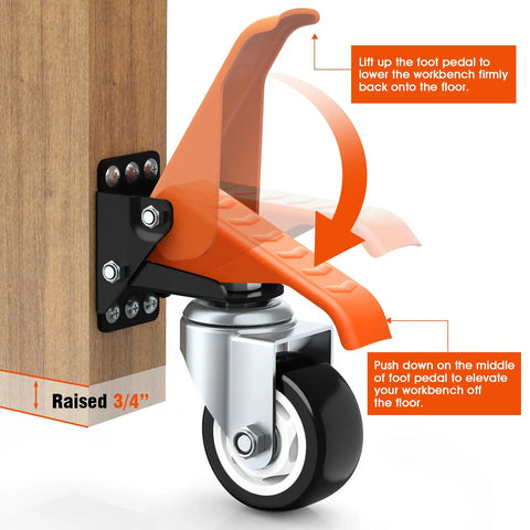 Heavy Duty Workbench Caster Kit With 880 Lbs Capacity, 3 Inch Retractable Casters, assembled on workbench, side view