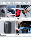 Level 1 And Level 2 Portable Ev Charger, 20 Foot Cable, 3.5 Kw 16 Amp Home Electric Vehicle Charging Station, Nema 5-15 And Nema 6-20 Plugs, SAE J1772 Compatible step-by-step charging guide.