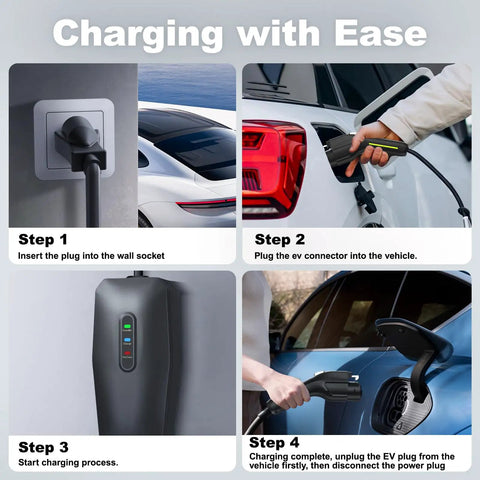 Level 1 And Level 2 Portable Ev Charger, 20 Foot Cable, 3.5 Kw 16 Amp Home Electric Vehicle Charging Station, Nema 5-15 And Nema 6-20 Plugs, SAE J1772 Compatible step-by-step charging guide.