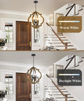 21.6 Inch Farmhouse Wood Orb Chandelier With 4 Lights Rustic Dining Room Light Fixture in entryway showing light color options