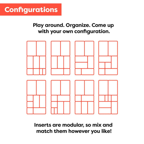 Diagram of various configurations for Ikea Alex Drawer Organizer Set 10 Piece Modular Felt Trays showing mix and match options.
