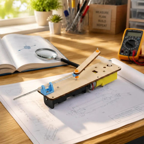 Reciprocating Linkage Linear Motion Demonstration Kit for Classroom Use, Desktop Mechanical Rod Assembly With Extendable Arm System, Hands On Physics Project for Students and Teachers, wooden base on desk