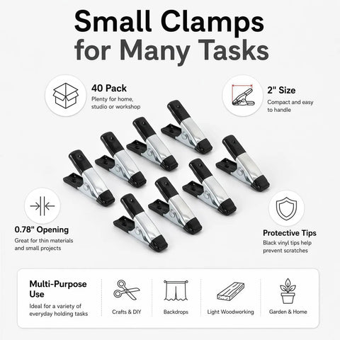Straight Up Kicking 40 Pack Mini Spring Clamps Heavy Duty Nickel Plated Steel Clips for Quick Crafts, showing compact 2" clamps in use.