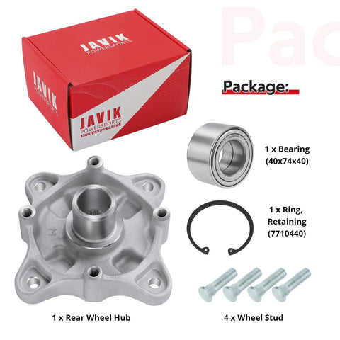 Kit includes rear wheel hub, bearing, retaining ring, and studs for Polaris ATV and SxS models, direct fit replacement.