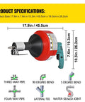 Banish Those Gnarly Clogs Forever With This Rugged Handheld Electric Drain Cleaner Featuring An 8M Flexible Steel Pipe Snake image showing product specifications and measurements.