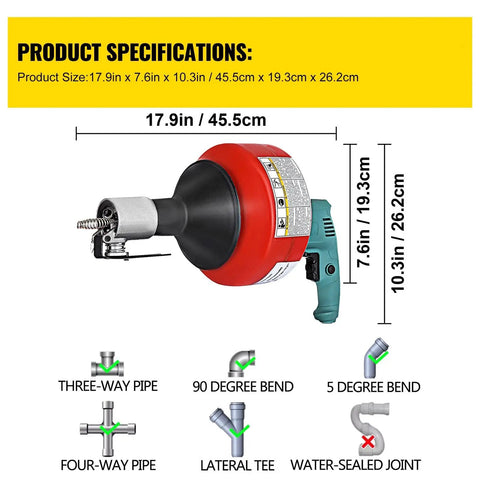 Banish Those Gnarly Clogs Forever With This Rugged Handheld Electric Drain Cleaner Featuring An 8M Flexible Steel Pipe Snake image showing product specifications and measurements.