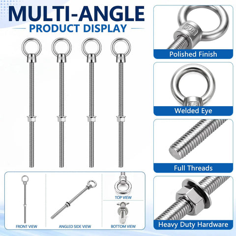4 Pack M10 Stainless Steel Eye Bolts With Nuts Three Eighths Inch By Eight Inches Heavy Duty Marine Grade Hardware Built Tough For Lash Points Towing Lifting And Other Industrial Or Home Projects, full view