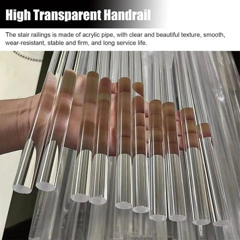 Custom Clear Acrylic Stair Handrail With Premium Gold Wall Brackets For Heavy Duty Indoor Exterior Support featuring high transparent acrylic pipes.